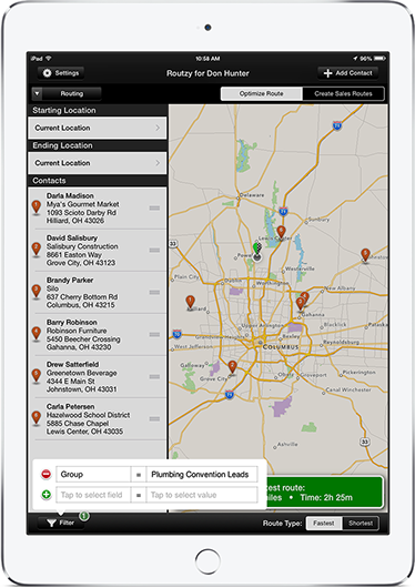 Sales routing screen in Routzy on the iPad Air 2