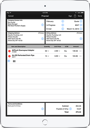 Sales proposal screen in Routzy on iPad Air 2